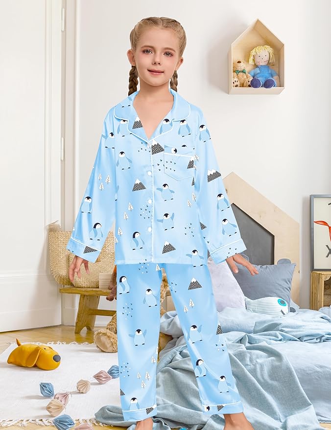 EPLAZA Kids Satin Pajamas Sets Girls Boys Button-Down Silky Pajamas Sleepwear with Hairband Eye Mask Hair Tie