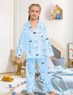EPLAZA Kids Satin Pajamas Sets Girls Boys Button-Down Silky Pajamas Sleepwear with Hairband Eye Mask Hair Tie