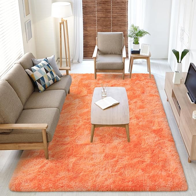 Softlife Orange Area Rug for Living Room, Fluffy Shag Plush 6x9 Rugs for Bedroom Girls Kids, Shaggy Soft Fuzzy Tie Dyed Large Carpet for Dorm Bedside Ultra Cozy Non-Slip Indoor Decor