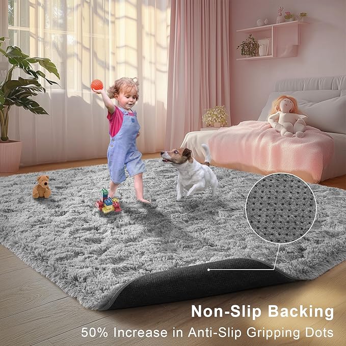Light Grey Fluffy 8x10 Area Rug for Living Room, Plush Shag Rugs for Bedroom, Large Soft Furry Carpets for Kids Room, Modern Indoor Nursery Carpet for Classroom Dorm Cozy Comfy Home Decor