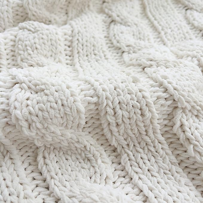 Chenille Chunky Knitted Throw Blanket with 14pcs Pom Poms Tassel Super Soft Cozy Warm Blanket for Sofa Bed Soft Couch 50 x60 inches (White)?-¡­