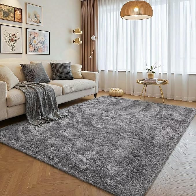 junovo Grey Washable Area Rug for Boys Bedroom Living Room, 4x5.3 Soft Non-Slip Fluffy Rugs, Shag Plush Memory Foam Carpet for Kids Room Baby Nursery Home Decor