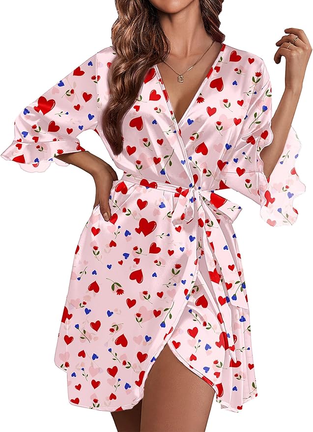 Ekouaer Women's Satin Robe Valentines Lingerie for Women Kimono Bathrobe Short Ruffle Belted Robes Bridesmaids Sleepwear