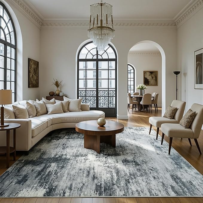 CRYPTOLITE Living Room Rug Washable Abstract Rugs with Non-Slip Backing Low Pile Area Rug for Living Room, Bedroom, Dining Room, 6x9, Grey