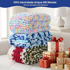 Mooreeke Chunky Knit Blanket 40"x50", Soft Chenille Throw Blanket Cozy 100% Handmade Crochet Gift Blankets with Jumbo Chenille Yarn for Couch Bed Sofa Room Decor - Blue and White