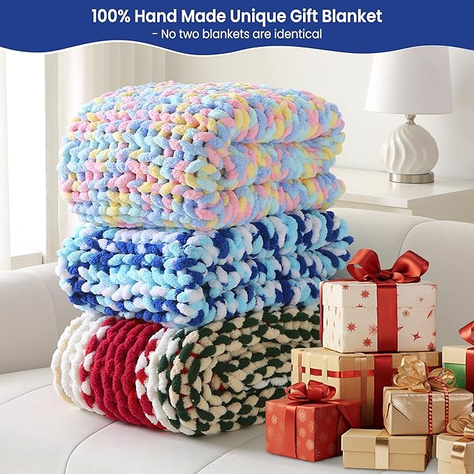Mooreeke Chunky Knit Blanket 40"x50", Soft Chenille Throw Blanket Cozy 100% Handmade Crochet Gift Blankets with Jumbo Chenille Yarn for Couch Bed Sofa Room Decor - Blue and White