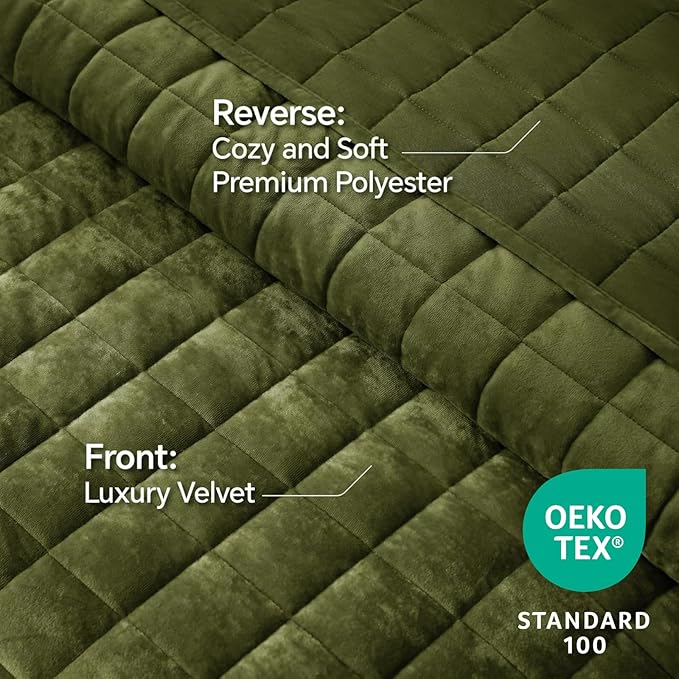 BEDELITE Velvet Quilt Set King Size - Luxury Velvet Comforter Bedding Set 3 Pieces, Lightweight Soft Cozy Olive Green Oversized Bedspread Coverlet for All Seasons with 2 Pillow Shams