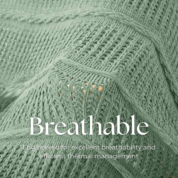 Boho Knitted Chenille Blanket with Tassels - Lightweight & Soft All-Season Throw - 3D Classic Pattern for Living Room Bedroom Couch, Sage Green, King 90"x108"