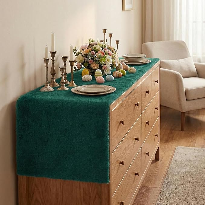 duduta Emerald Green Faux Fur Dresser Runner, Soft Fluffy Coffee Table Runner Nightstand Cover Spring Easter Decor 11.8 in x 31.5 in