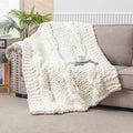 WESHIONGOO Chunky Knit Blanket Throw 50"×60" Knitted Throw Blankets for Couch Bed Fluffy Soft Blanket with Jumbo Chenille Yarn Thick 100% Handmade (Cream White)