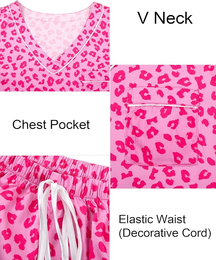 ASTANFY Valentines Day Pajamas Women 2 Piece Silk Valentine Pjs Cute Heart Pajamas V Neck Satin Sleepwear Loungewear Set