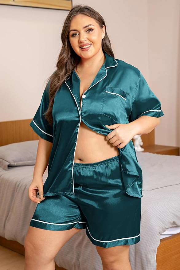 Vozanet Women's Short Sleeve Satin Pajama Sets Silky Ladies Button Down Loungewear Plus Size Nighty Shorts Sets XL to 5XL