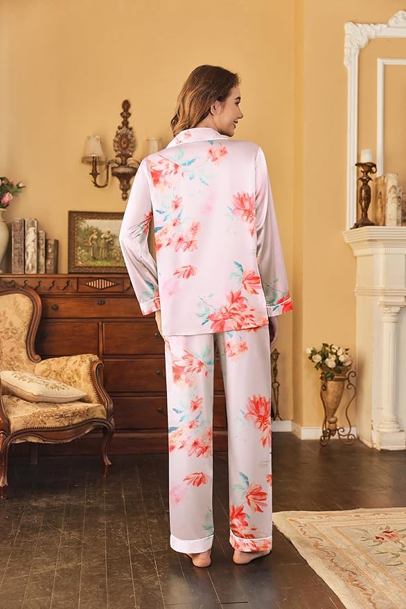 Ekouaer Women's Classic Button Down Long Satin Silk Pajama Set