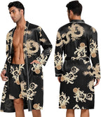 SWOMOG Mens 3 PCS Satin Robe with Pants & Shorts Set Kimono Bathrobe Long Sleeve Sleepwear Pjs Sets with Pockets