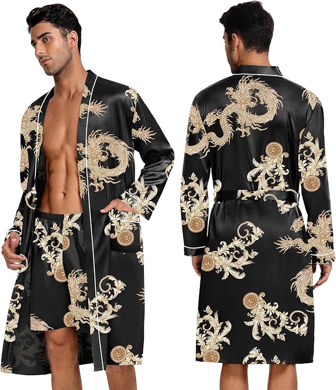 SWOMOG Mens 3 PCS Satin Robe with Pants & Shorts Set Kimono Bathrobe Long Sleeve Sleepwear Pjs Sets with Pockets