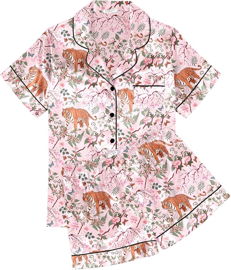 Ekouaer Womens Silk Satin Pajama Sets Soft Short Sleeve Button Down Sleepwear Top and Shorts 2 Piece Pjs Lounge Set