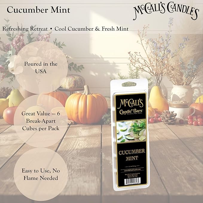 McCall’s Candles | Cucumber Mint | Scented Wax Melt | Cool Cucumber, Garden Mint & Crisp Freshness | 6-Piece Break-Apart Bar | 12–24 Hours Per Wedge | Poured in the USA | 5.5 oz