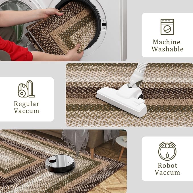 RUGSREAL 9x12 Braided Rug Washable Living Room Rug Modern Braid Printed Large Bedroom Area Rug Non Slip Dining Room Rug with Rubber Backing Farmhouse Accent Carpet for Home Decor Office, Moss/Brown