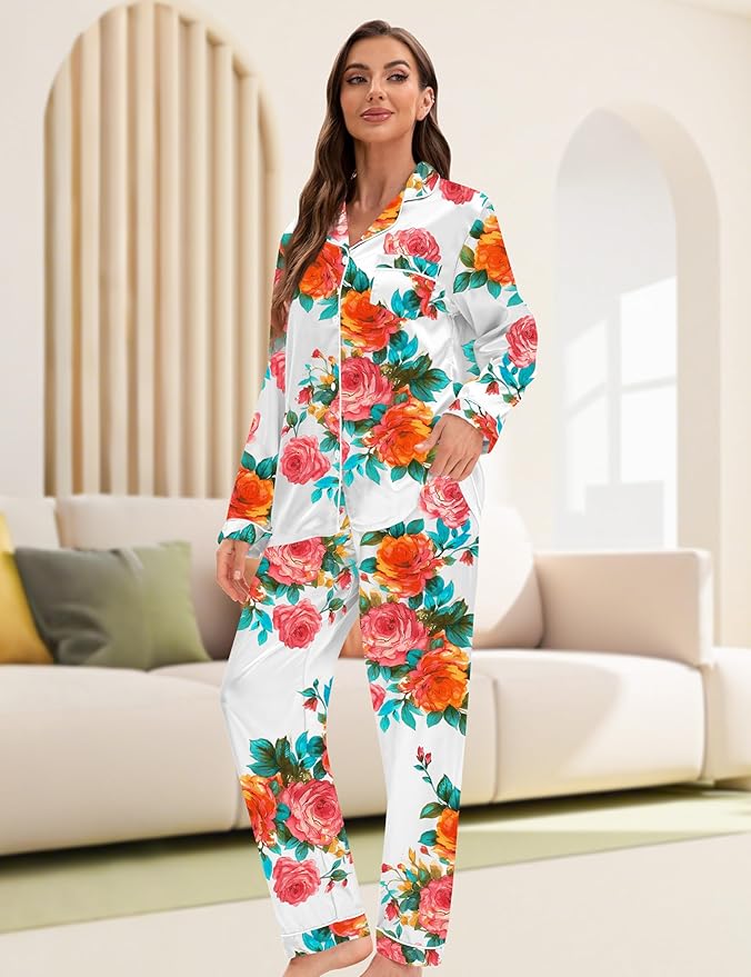 EPLAZA Silk Pajamas for Women Satin Pajamas Set 5 Pcs Long Sleeve Print Pattern Button Down Pjs Sleepwear Loungewear Set