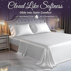 SLEEP SANCTUARY Satin Sheets King Size – 4 Piece Luxury Silky Bed Set, Softer Than Silk, 15" Deep Pocket, Cooling & Wrinkle-Free, Moisture-Wicking & Breathable for Hair & Skin (Striped White)