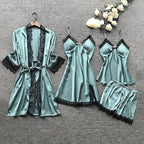 Women's 4pcs Silk Satin Pajamas Set Floral Lace Trim Dress with Robe Lounge Sleepwear Nightdress Novelty Loungewear