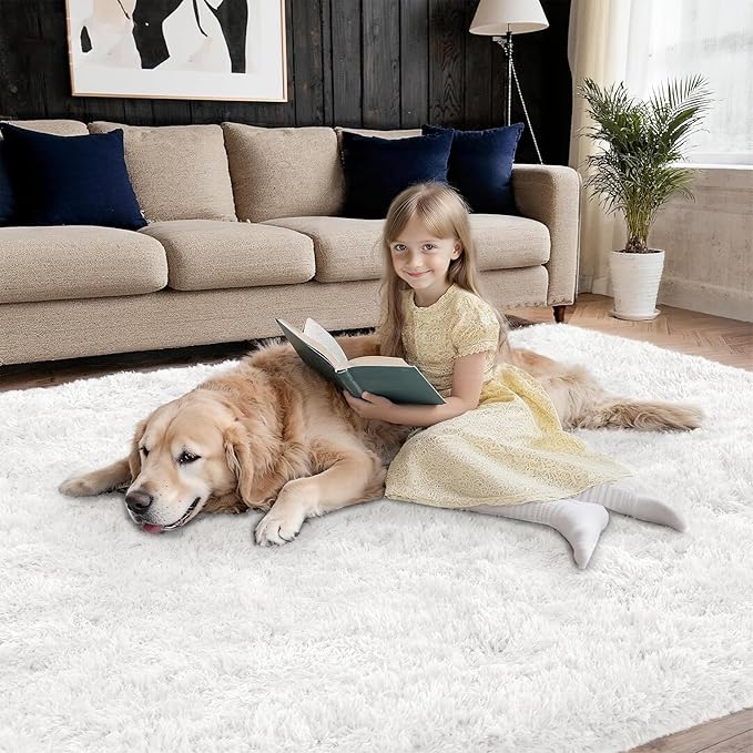 Shag White Rug 6x9 Area Rugs for Bedroom Dorm Living Room - Non Slip Ultra Soft Large Fluffy Fuzzy Plush Shaggy Furry Bedsied Rug for Kids Room Nursery Playroom,Modern Home Office Carpet Decor