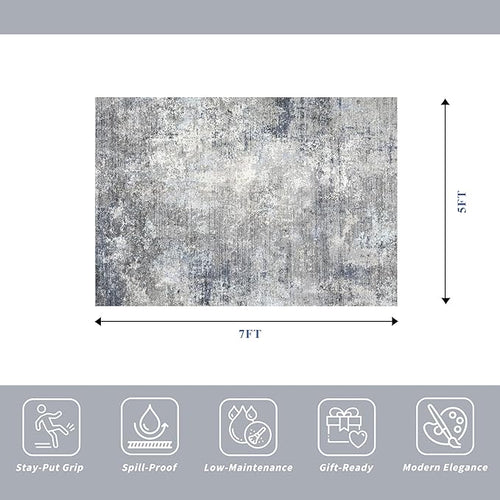 5x7 Washable Area Rug – Modern Neutral Abstract Rug for Living Room Bedroom Kitchen Dining Room Home Office – Non-Slip Low-Pile Thin Indoor Carpet with Rubber Backing (Blue Grey,5x7)