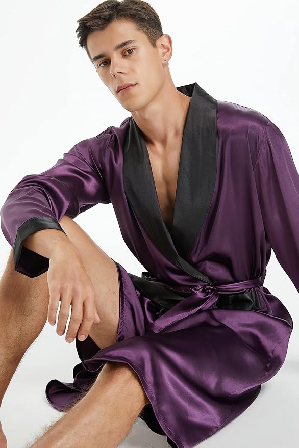 Tony & Candice Men's Satin Robe Lightweight Long Sleeve Silk Kimono Bathrobe with Shorts Set Sleepwear