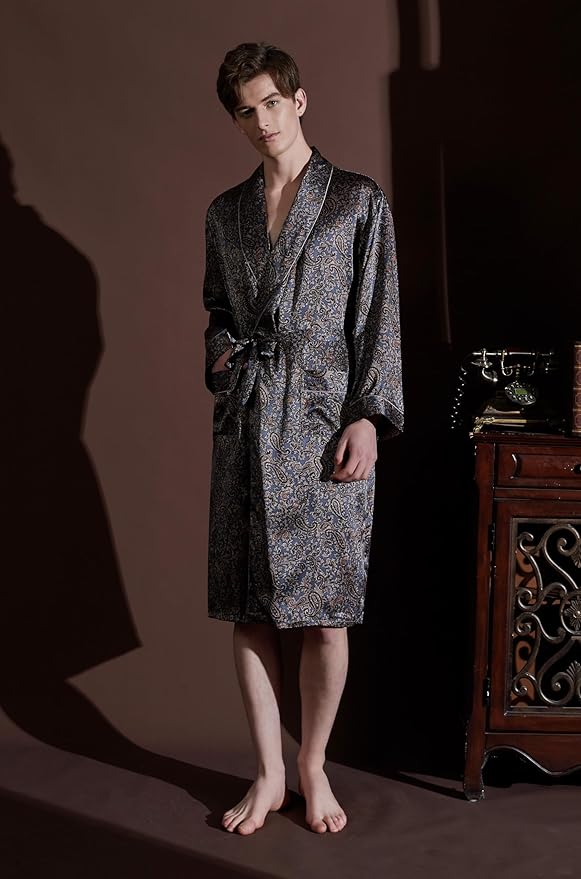 Men's 100% Mulberry Silk Long Robe Kimono Paisley Print Bath Robe, Heavy Silk 19 Momme Dressing Gown
