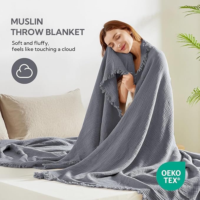 SOULFUL Muslin Throw Blanket with Tassels - Soft King Size Cotton Throw Blanket for Couch or Bed, Lightweight and Breathable Gauze for All Seasons, LightChampagne, 108" x 90"