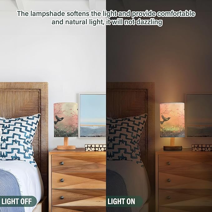 Table LED Lamps Peach Blossom Moon Bird Bedroom Night Light Bedside Lamps with USB Ports Nightstand Lamps Wood Base Living Room Dorm Office