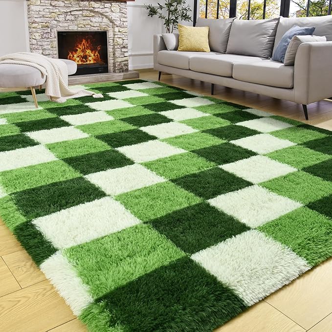 Shag Area Rug, 5x7 ft Deep Green White Fluffy Rugs for Bedroom Living Room, Soft Shaggy Modern Indoor Carpets, Cute Plush Rugs for Kids Girls Room Nursery, High Pile Throw Rug for Home Decor
