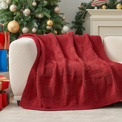Amélie Home Knit Throw Blanket, Soft Chenille Cozy Breathable Checkered Chunky Decorative Blanket for Couch, Bed & Sofa, French-Inspired Lightweight Warm Gift for Women, Christmas Red, 50"x60"