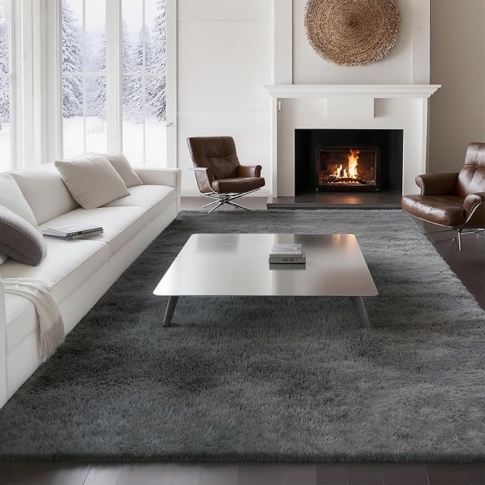 Ultra Soft Shag 8x10 Gray Area Rug – 8x10 Rugs for Living Room, Non-Slip, Fluffy Plush Large Carpet, Shaggy Furry Rug for Bedroom, Dorm, Kids and Girls Room, Nursery, Home Office Décor
