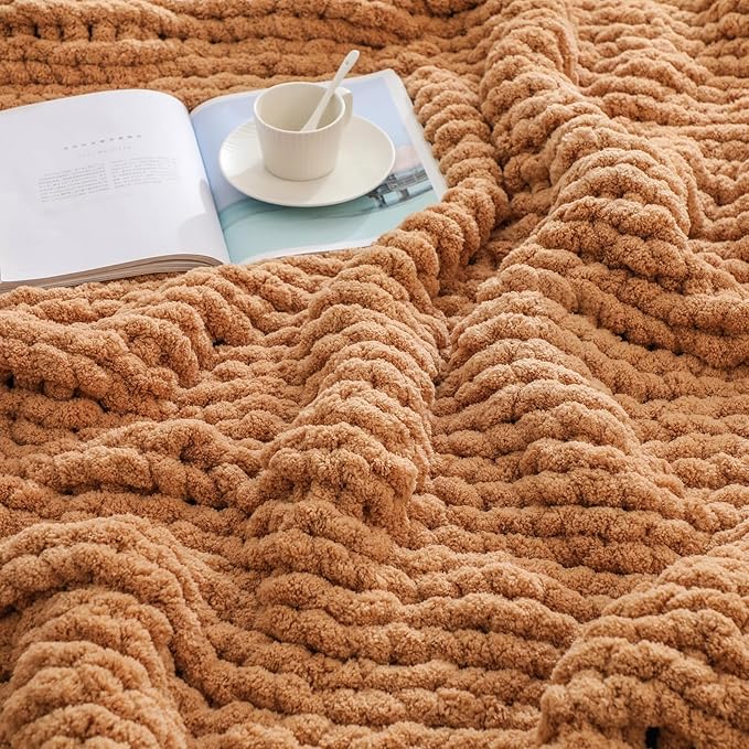 bearberry Chunky Knit Throw Blanket 60x80 Inches Handmade, Soft Jumbo Chenille Yarn with Cable Rope Knot Design | Thick Cozy Large Blanket for Couch, Sofa, Bed & Living Room Home Decor | Camel