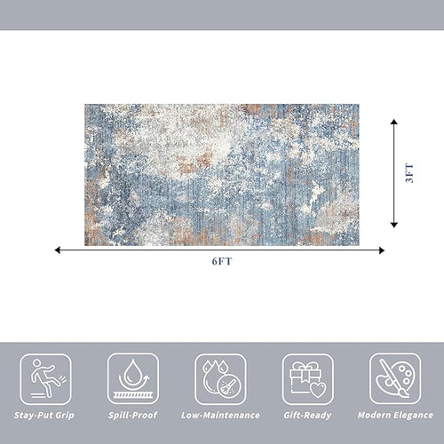 3x6ft Non-Slip Washable Kitchen Rug - Soft Wide Indoor Carpet Runners for Entryway, Hallway, Bathroom with Rubber Backing, Modern Distressed Low-Pile Thin Floor Runner (Blue Rust,3x6)