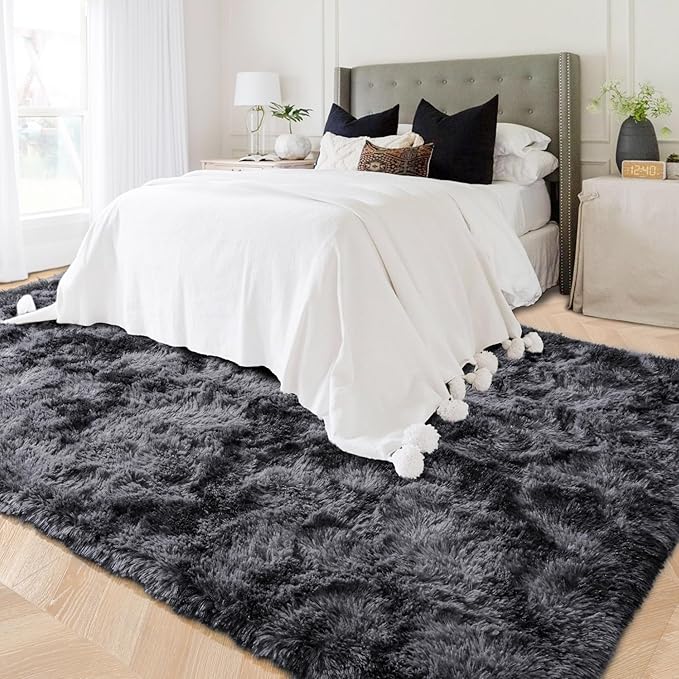 ISEAU 4x6 Area Rug for Living Room, Dark Grey Rugs for Bedroom, Dorm, College, Apartment, Soft Shaggy Carpets, Machine Washable Mats, Under Bed, On Nursery Floors Mat, Boys, Girls Room Carpet Decor