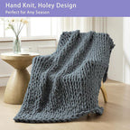 Bigacogo Chunky Knit Throw Blanket for Couch, 40x60 inches, 100% Hand Knitted with Thick Jumbo Chenille Yarn, Cozy Soft Large Rope Knot Cable Crochet Blankets for Sofa Bed Living Room, Iron Gray