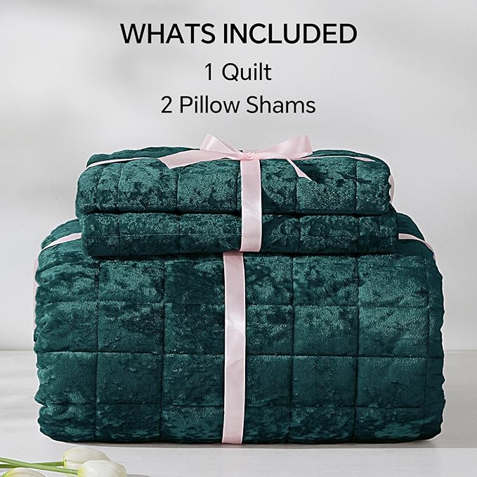 BEDELITE Velvet Quilt Set King Size - Luxury Velvet Comforter Bedding Set 3 Pieces, Lightweight Soft Cozy Shiny Emerald Green Oversized Bedspread Coverlet for All Seasons with 2 Pillow Shams