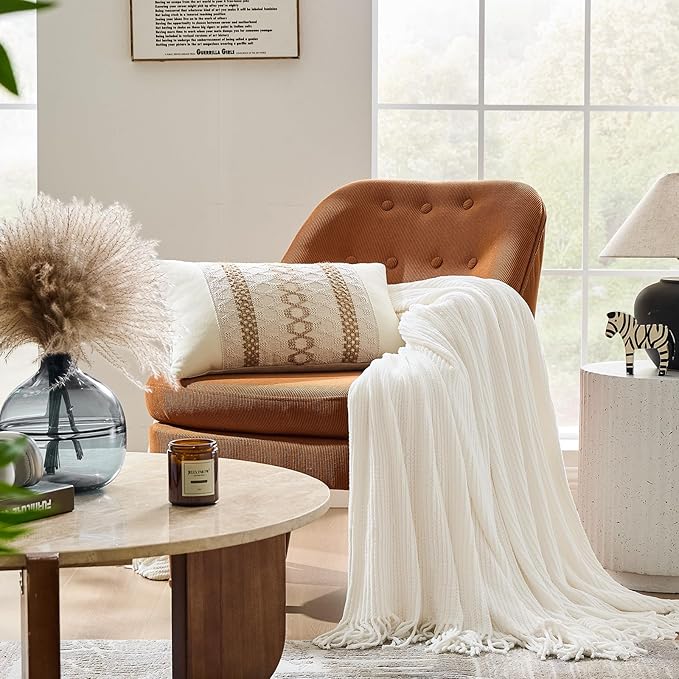 inhand Throw Blanket for Couch Bed,Chunky Chenille Woven Soft Blankets with Tassels, Cozy Boho Farmhouse Fall Winter Decor,Warm for Women,60"x80",Extra Thick-Off White