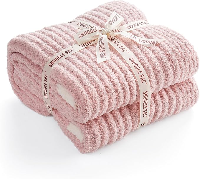 Snuggle Sac Pink Ribbed Queen Size Blanket for Bed, Soft Luxurious Bedding Blankets, Large Fuzzy Plush Microfiber Blankets Pink, 90x90 inches