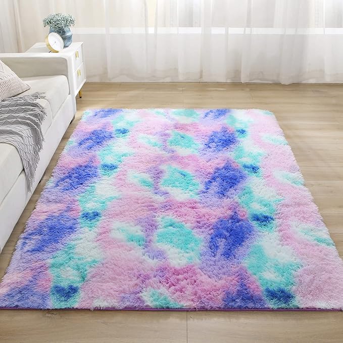 Fluffy Shaggy Area Rug for Girls Bedroom, 4 x 6 Feet Modern Fluffy Area Rug, Purple Blue Tie Dye Soft Plush Carpet for Living, Kids Girls Boys Teens Room, Bedsides, Home Office Decor