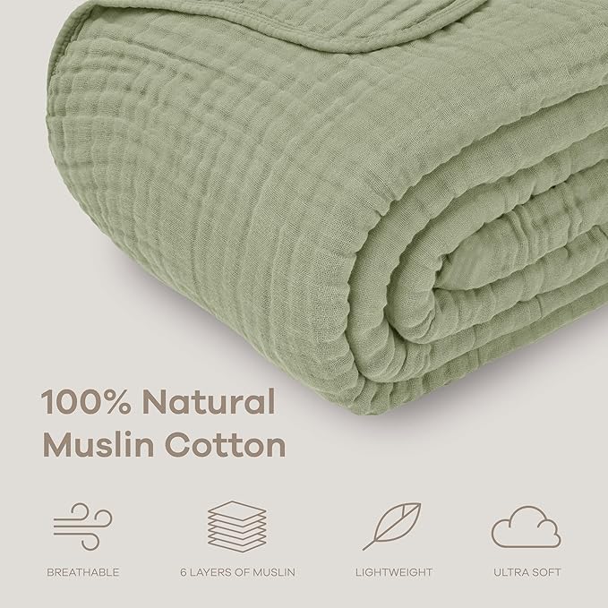 Comfy Cubs Muslin Blanket for Adults Twin 90" x 66" - 6 Layer Soft, Breathable & Lightweight Muslin Adult Blanket - Machine Washable & Designed in The US Bedding for All Seasons - Sage