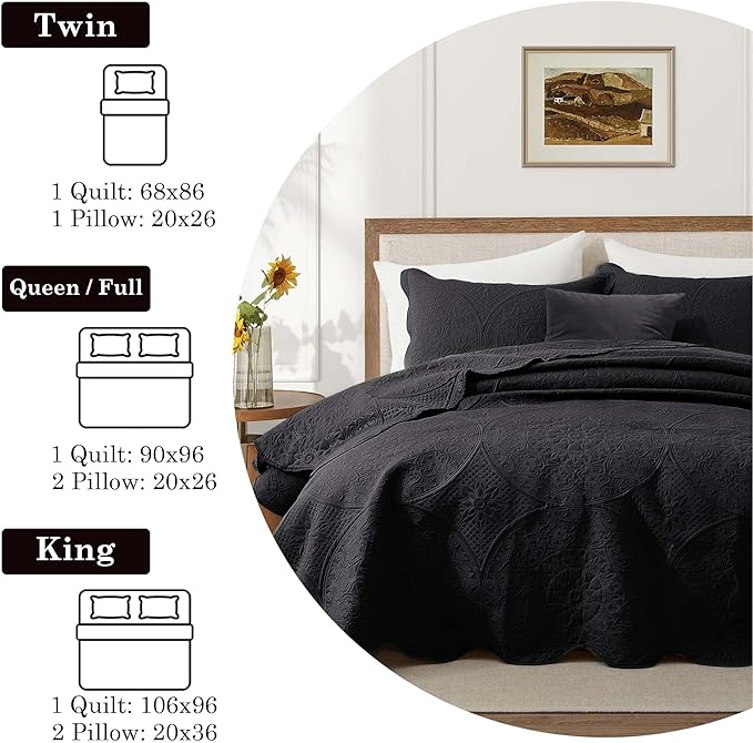IR Imperial Rooms Twin Quilt Bedding Set Size (68” x 86”) + 1 Pillow Shams (20” x 26” + 2”) - 2 Pcs All Season Lightweight Reversible Microfiber Coverlet Floral Embossed Quilt Bedspread (Black)