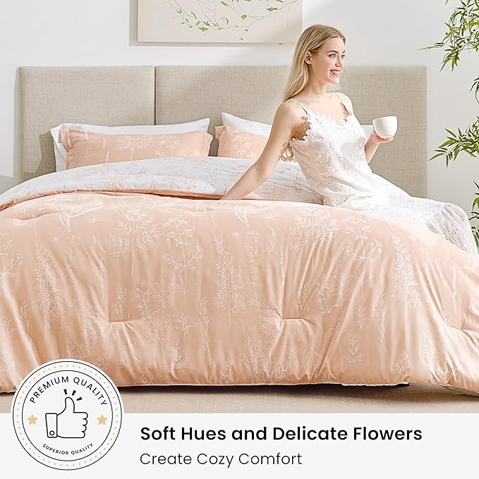 Love's cabin Dusty Rose Pink King Size Comforter Set - King Comforter Set, 3 Pieces Cute Floral Bedding Sets for All Seasons,1 Soft Reversible Botanical Flowers Comforter and 2 Pillow Shams