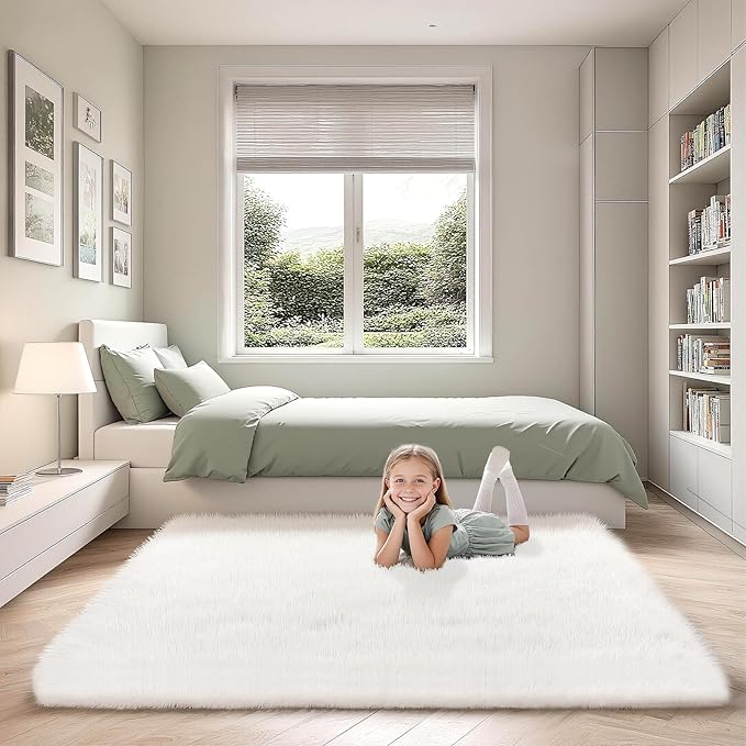 Shag White Rug, Rugs for Bedroom Living Room, 4x6 Ultra Soft Fluffy Area Rugs for Bedside, Kids Girls Room, Nursery, Playroom, Easy Clean, Indoor Carpet for Living Room, Modern Carpet Décor