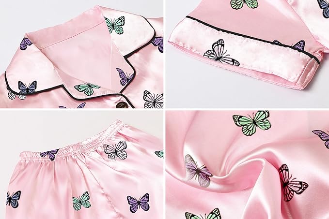 Umeyda Girls Womens Pajamas Set, Satin Silky Button Down Loungewear 2 Piece Short Sleeve Pants PJS Sets for Mommy Kids