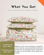 ALEISSEL Luxurious Cotton 3pcs Floral Comforter Sets King Size - Blush, Yellow & Blue Spring Garden Floral Prints on White, Warm Olive Green Reverse,Vintage Lightweight Bedding Sets(King 104"×90")