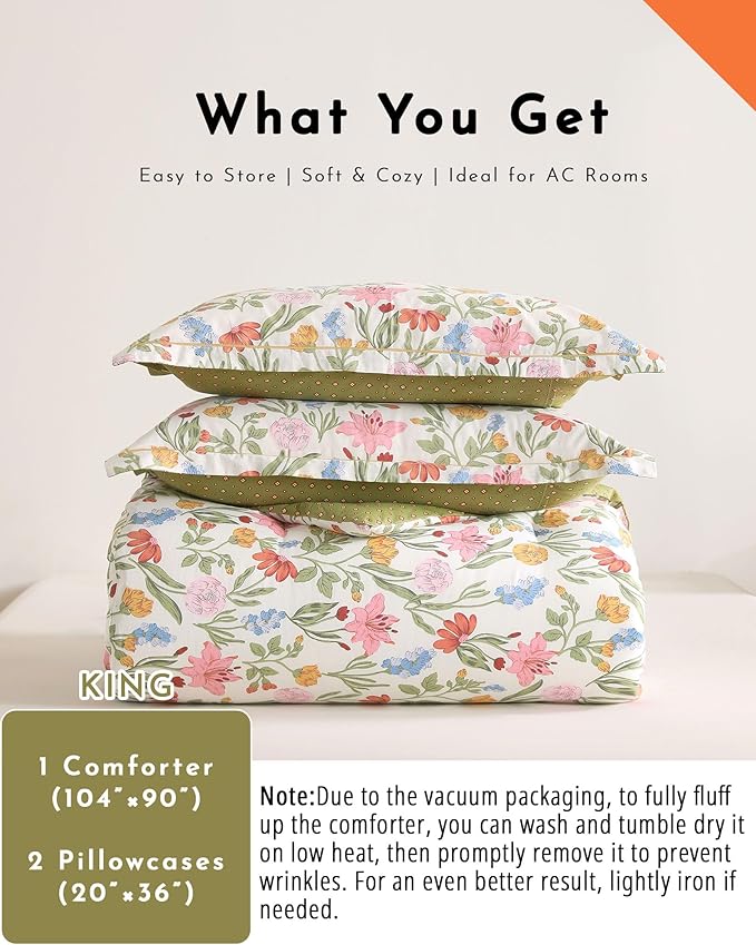ALEISSEL Luxurious Cotton 3pcs Floral Comforter Sets King Size - Blush, Yellow & Blue Spring Garden Floral Prints on White, Warm Olive Green Reverse,Vintage Lightweight Bedding Sets(King 104"×90")