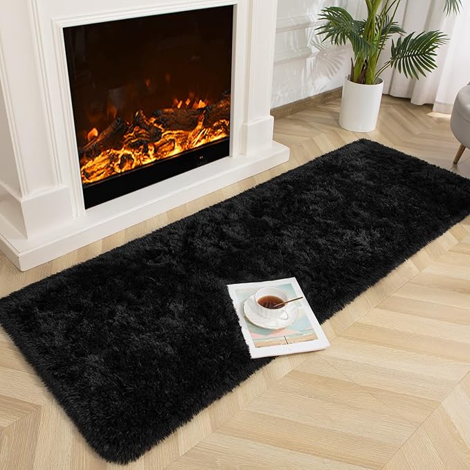 Jelymark Super Soft Shaggy Rug for Bedroom, 2x6 Feet Fluffy Carpet for Living Room, Fuzzy Indoor Plush Area Rug for Home Decor, Furry Floor Rugs for Dorm, Kids Nursery Rug for Girls, Black